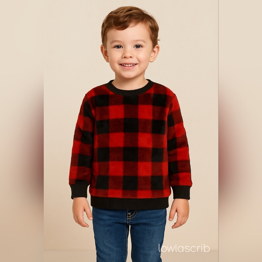 M7) Cat & Jack Red & Black Plaid Fuzzy Crewneck Sweater – Toddler Boy 4T